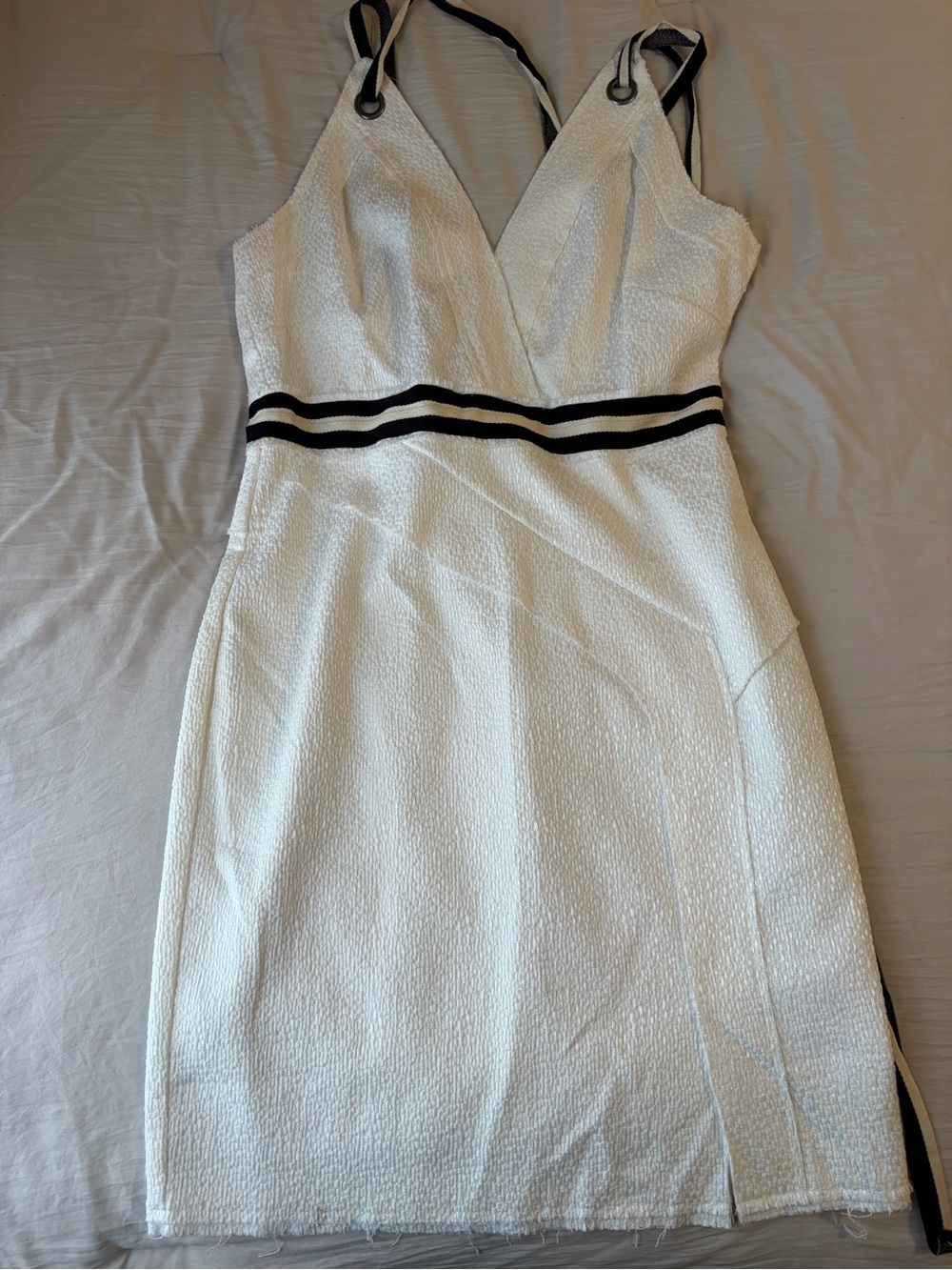 VENUS White Textured V-Neck Mini Dress with Black Waist Stripes